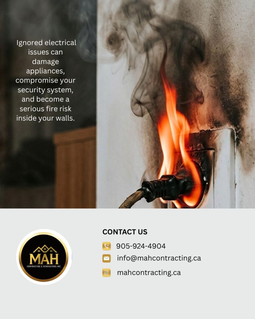 Electrical outlet on fire with smoke on the wall