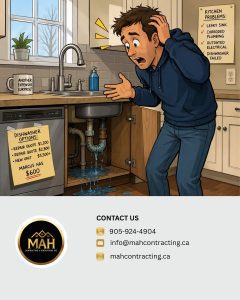 Stressed homeowner looking at a leaking pipe under his kitchen sink