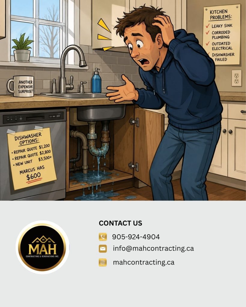 Stressed homeowner looking at a leaking pipe under his kitchen sink