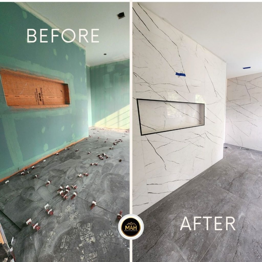 Before and after bathroom renovation with large marble-look porcelain tile and built-in niche